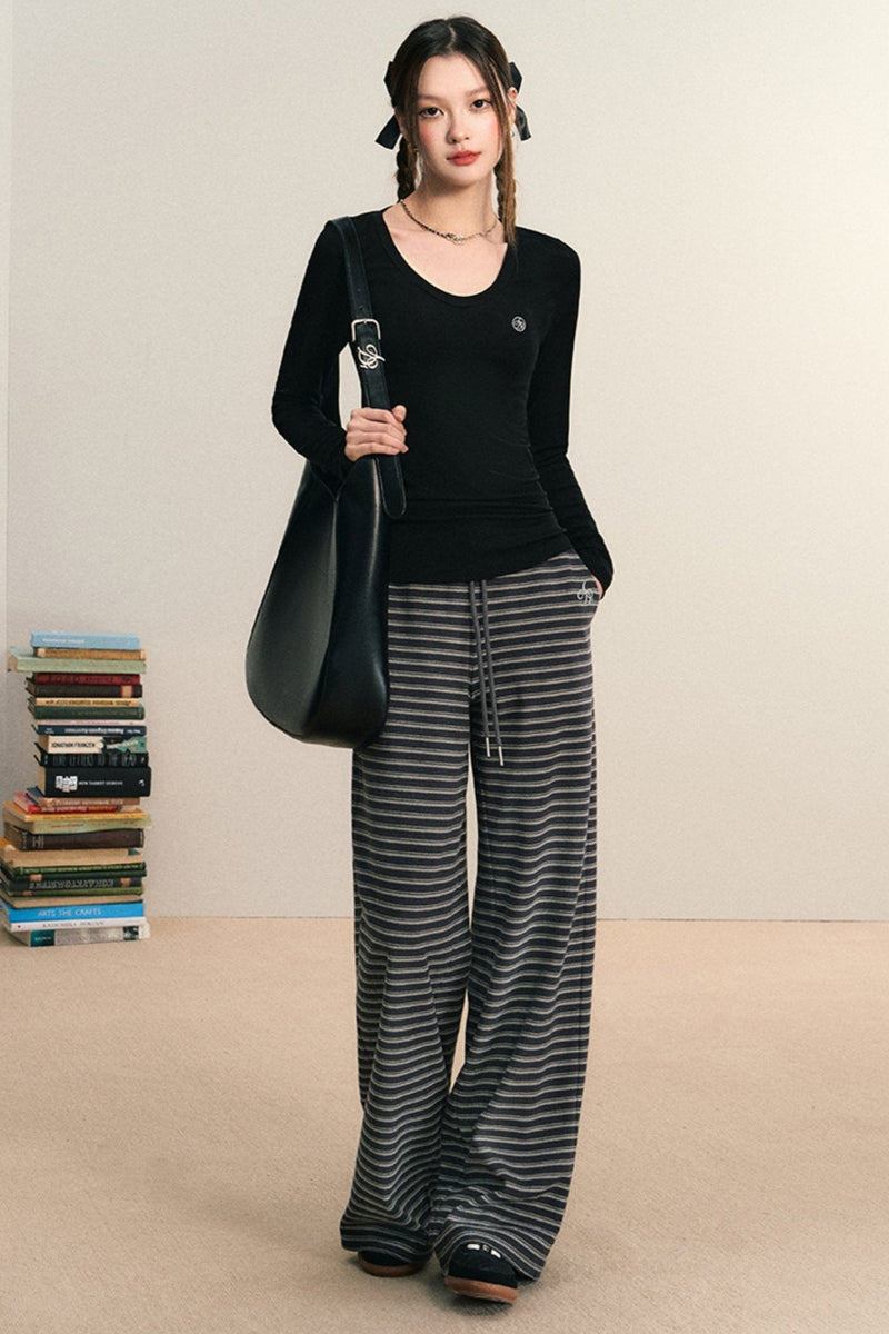 Striped Wide-leg Lounge Pants - Drawstring Waist Palazzo Trousers