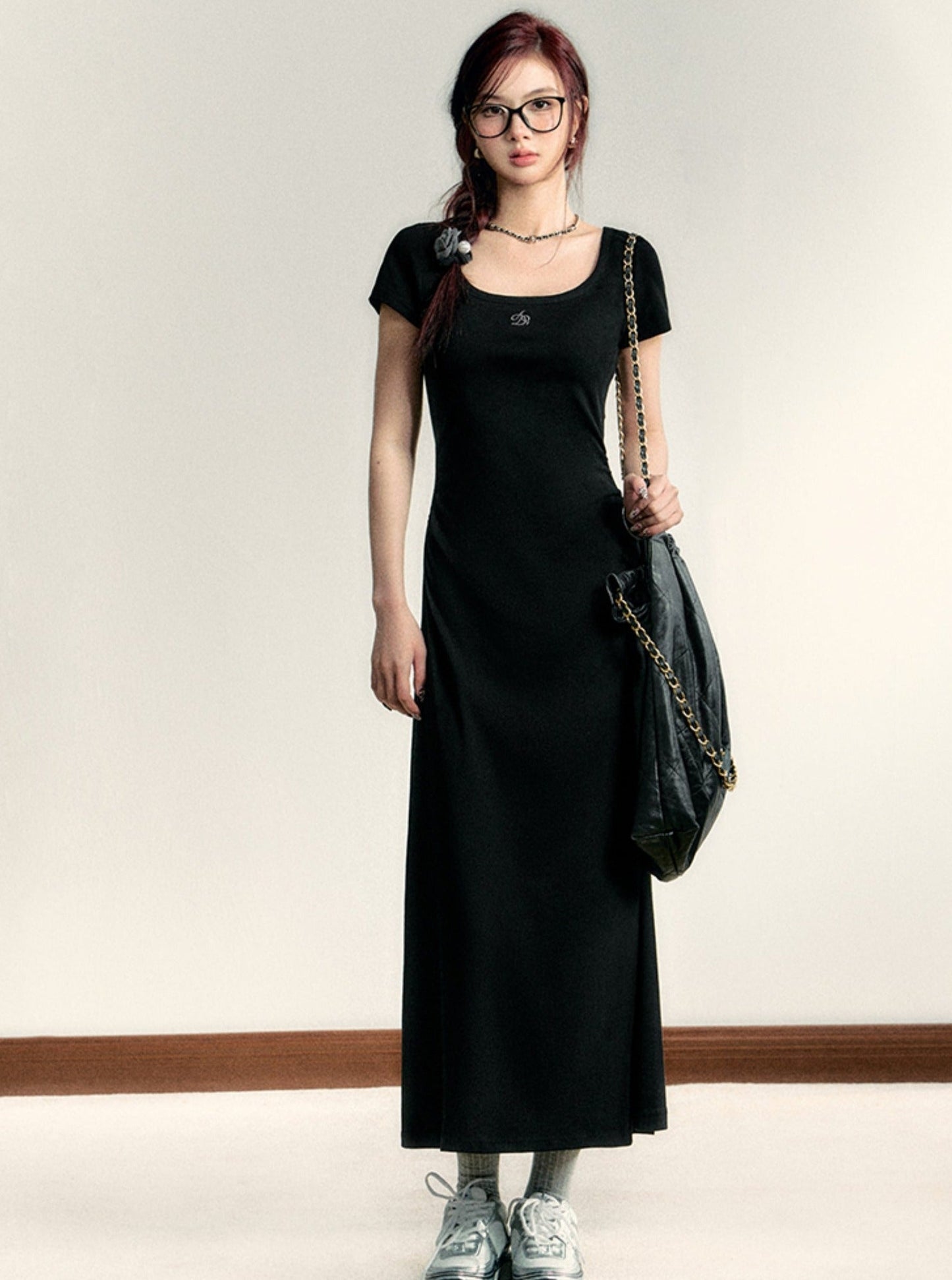 Scoop Neck Maxi T-shirt Dress - Side Ruched Jersey Knit Gown