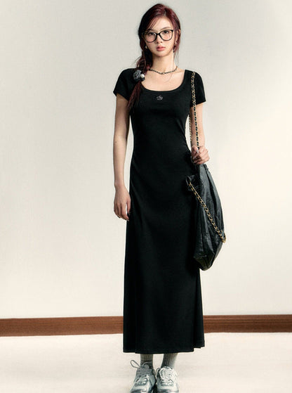 Scoop Neck Maxi T-shirt Dress - Side Ruched Jersey Knit Gown