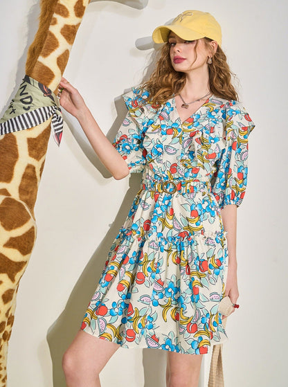 Fruit Print Ruffle V-neck Mini Dress