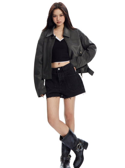 High-waisted Denim Shorts With Unique Waistband Detail