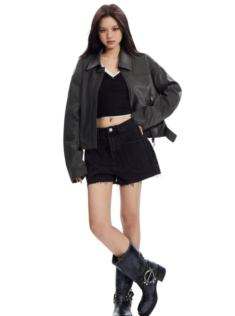 High-waisted Denim Shorts With Unique Waistband Detail
