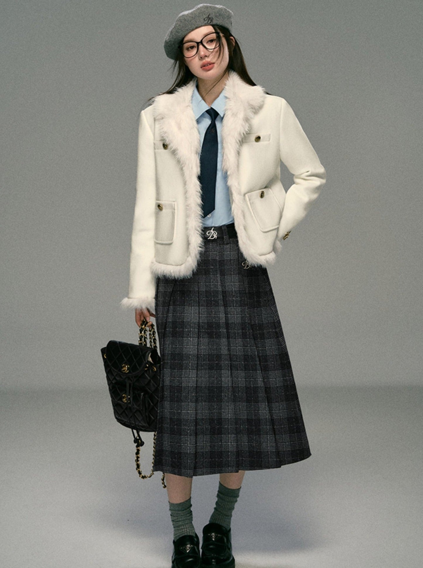 Ivory Boucle Jacket: Faux Fur Trim Cropped Coat With Gold Buttons