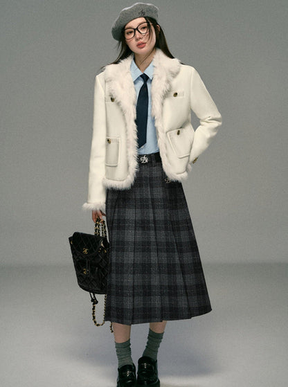 Ivory Boucle Jacket: Faux Fur Trim Cropped Coat With Gold Buttons