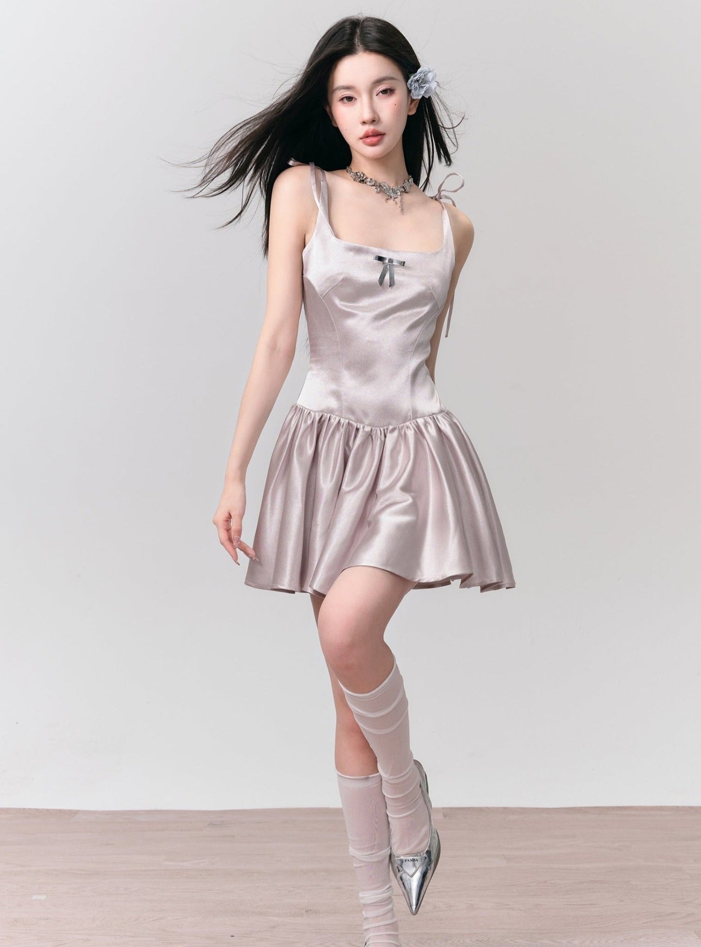 Silvery Gray Satin Mini Dress With Tie Straps