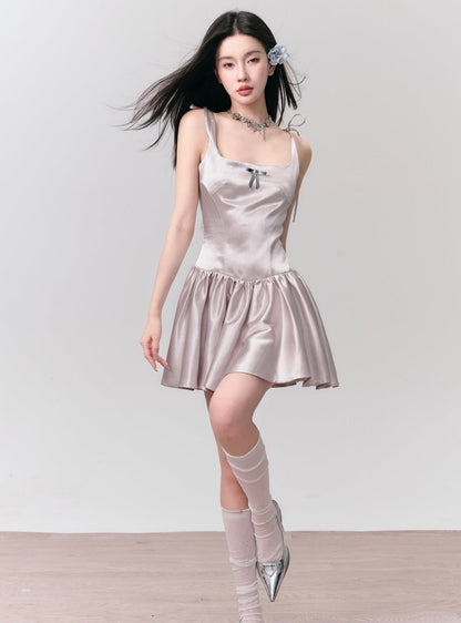 Silvery Gray Satin Mini Dress With Tie Straps