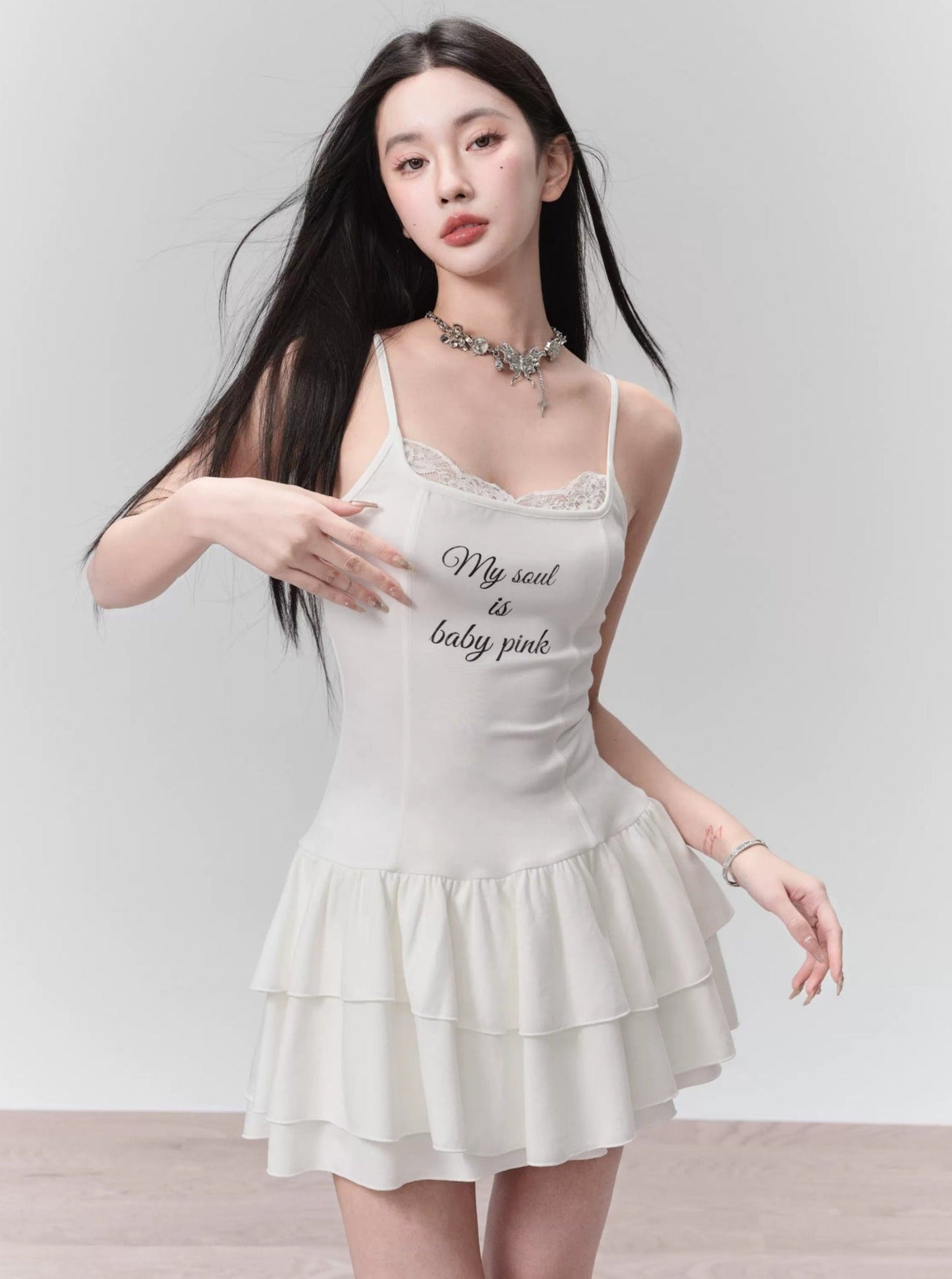 White Ruffled Spaghetti Strap Mini Dress With Slogan Print