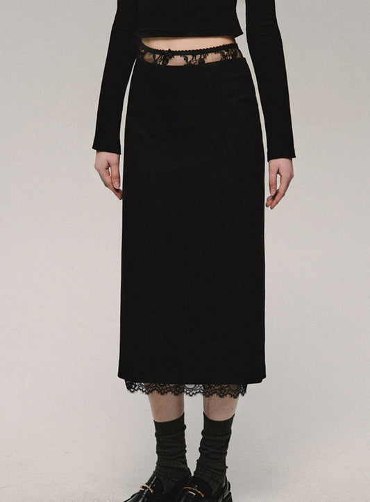 Black Lace Trim Midi Skirt
