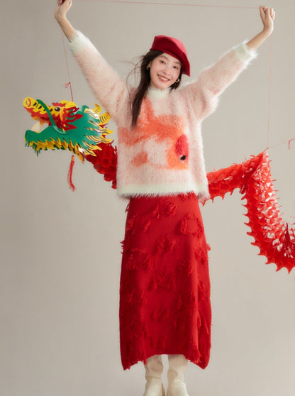 Red Distressed Midi Skirt With Frayed Texture
