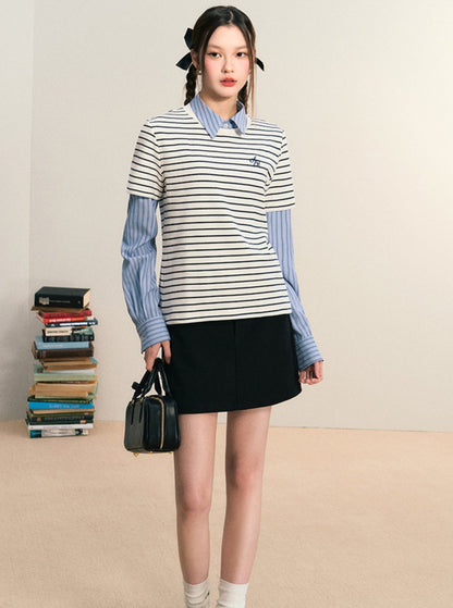 Layered Look Striped Tee Combo - Preppy Shirt-sweater Set