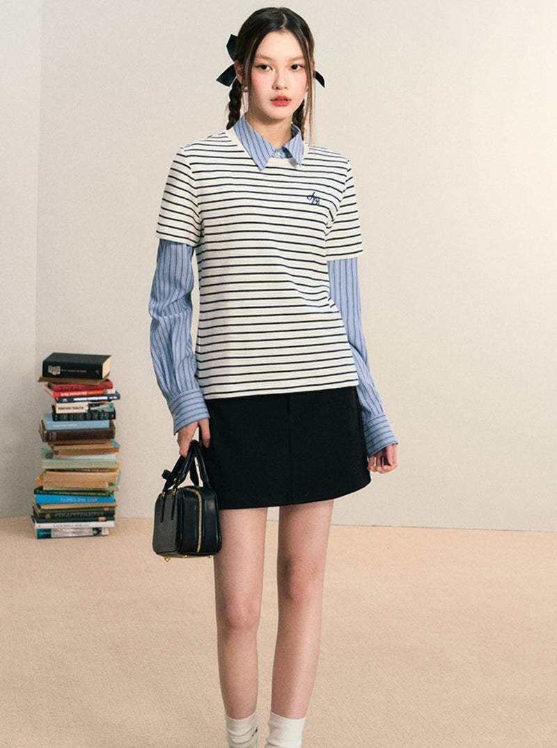 Layered Look Striped Tee Combo - Preppy Shirt-sweater Set