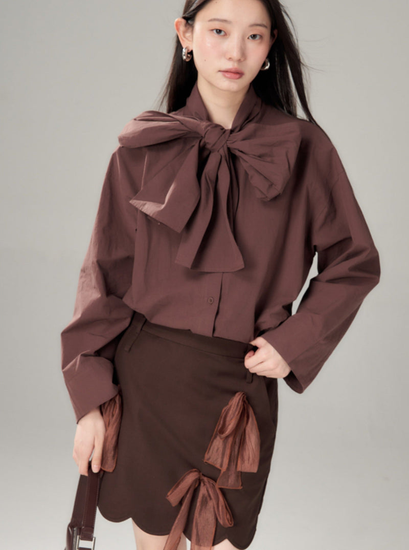 Brown Scalloped Skirt With Sheer Bow Detail