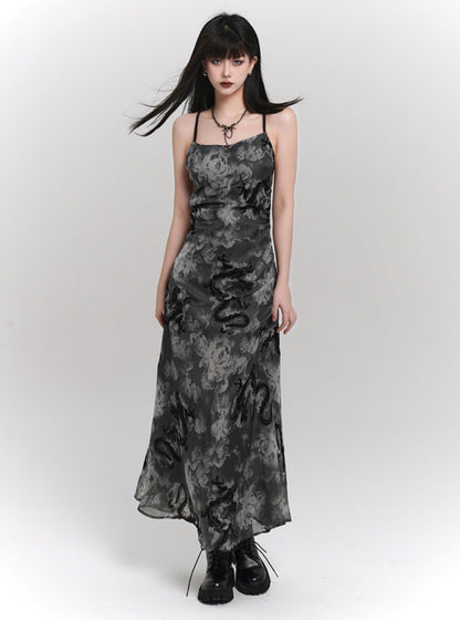 Ladyghost Chinese Style Fitted Maxi Dress - Gray Patterned Sleeveless Ankle-length