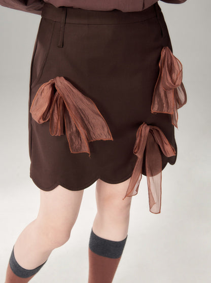 Brown Scalloped Skirt With Sheer Bow Detail