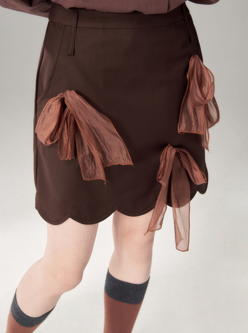 Brown Scalloped Skirt With Sheer Bow Detail