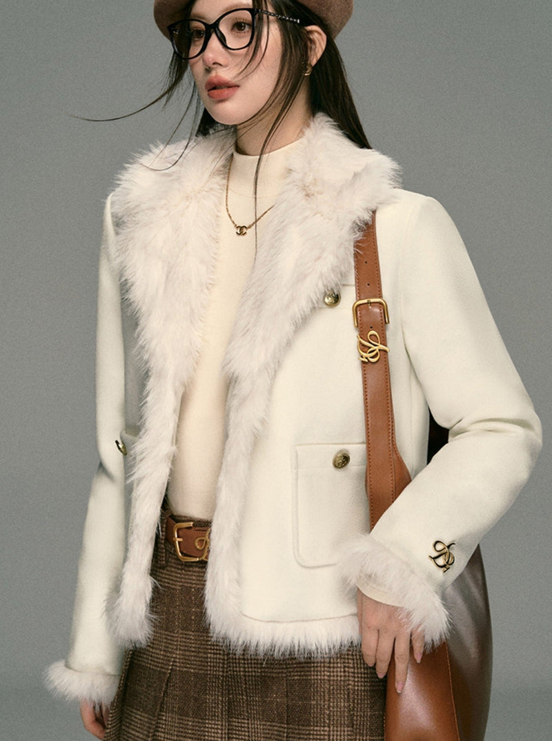Ivory Boucle Jacket: Faux Fur Trim Cropped Coat With Gold Buttons