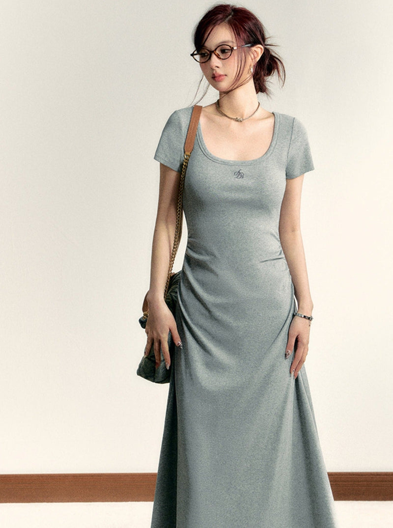 Scoop Neck Maxi T-shirt Dress - Side Ruched Jersey Knit Gown