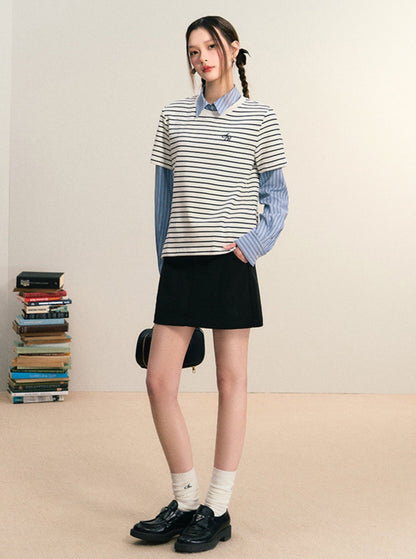 Layered Look Striped Tee Combo - Preppy Shirt-sweater Set