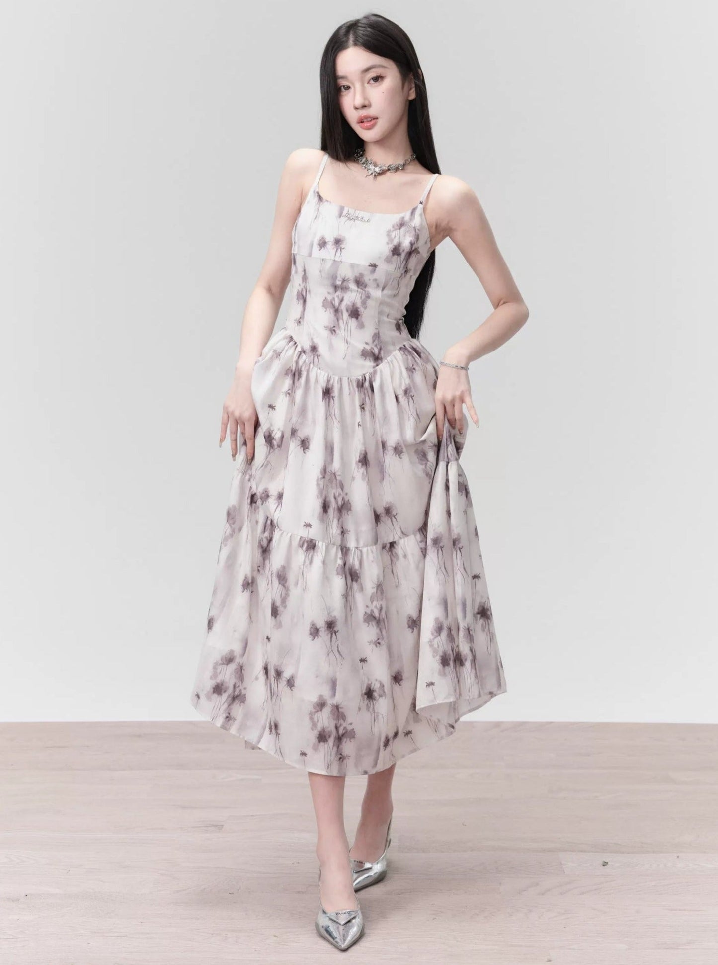 Ethereal Spaghetti Strap Midi Dress in Lavender Mist