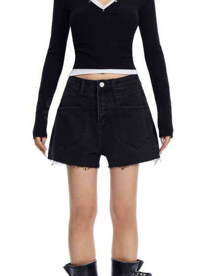High-waisted Denim Shorts With Unique Waistband Detail