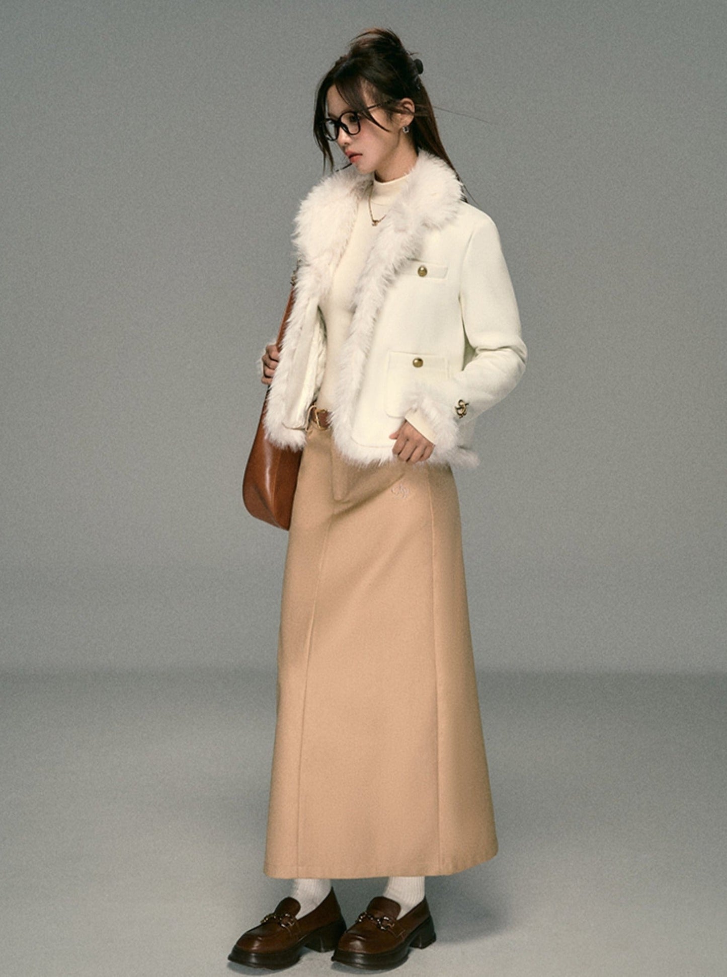 Ivory Boucle Jacket: Faux Fur Trim Cropped Coat With Gold Buttons
