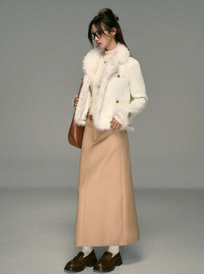 Ivory Boucle Jacket: Faux Fur Trim Cropped Coat With Gold Buttons