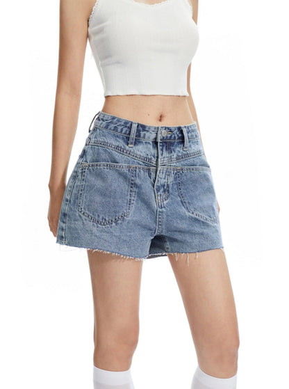 High-waisted Denim Shorts With Unique Waistband Detail