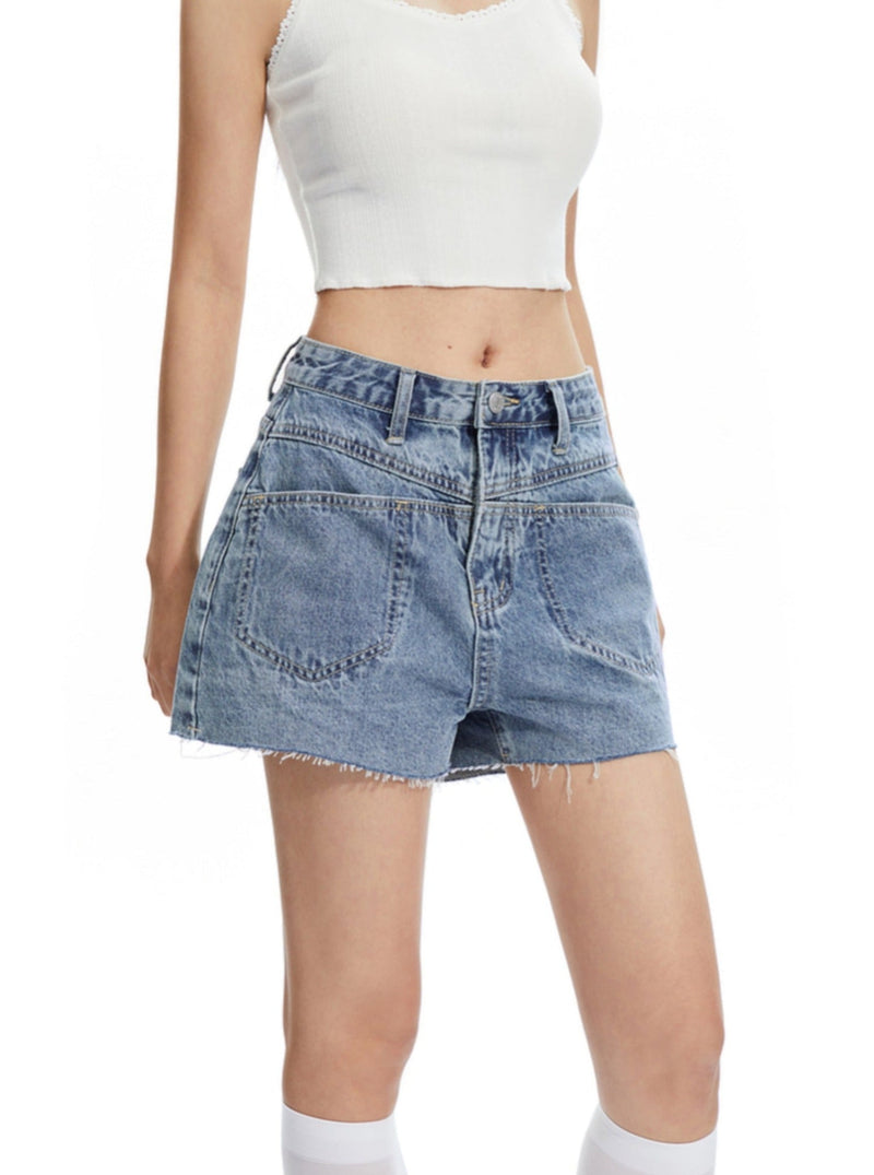 High-waisted Denim Shorts With Unique Waistband Detail