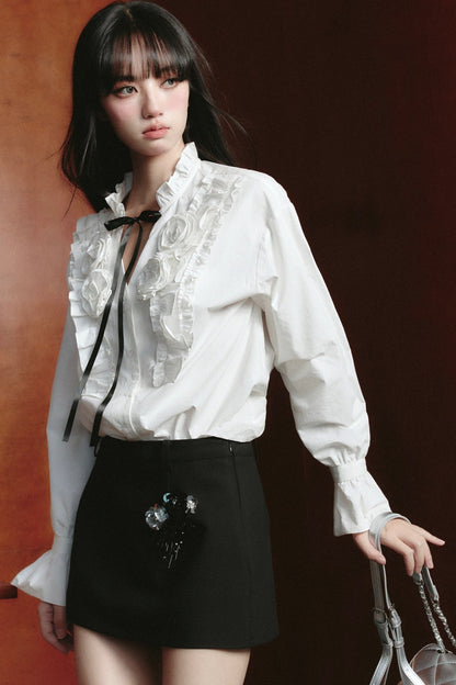 Contrast Ensemble: Crystal-embellished Tweed Mini Skirt & Victorian Ruffle Blouse Set