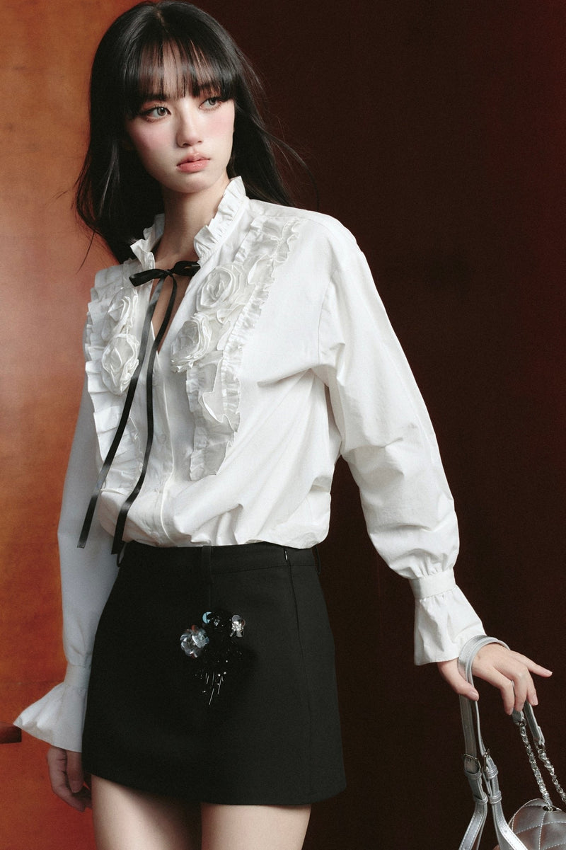 Contrast Ensemble: Crystal-embellished Tweed Mini Skirt & Victorian Ruffle Blouse Set