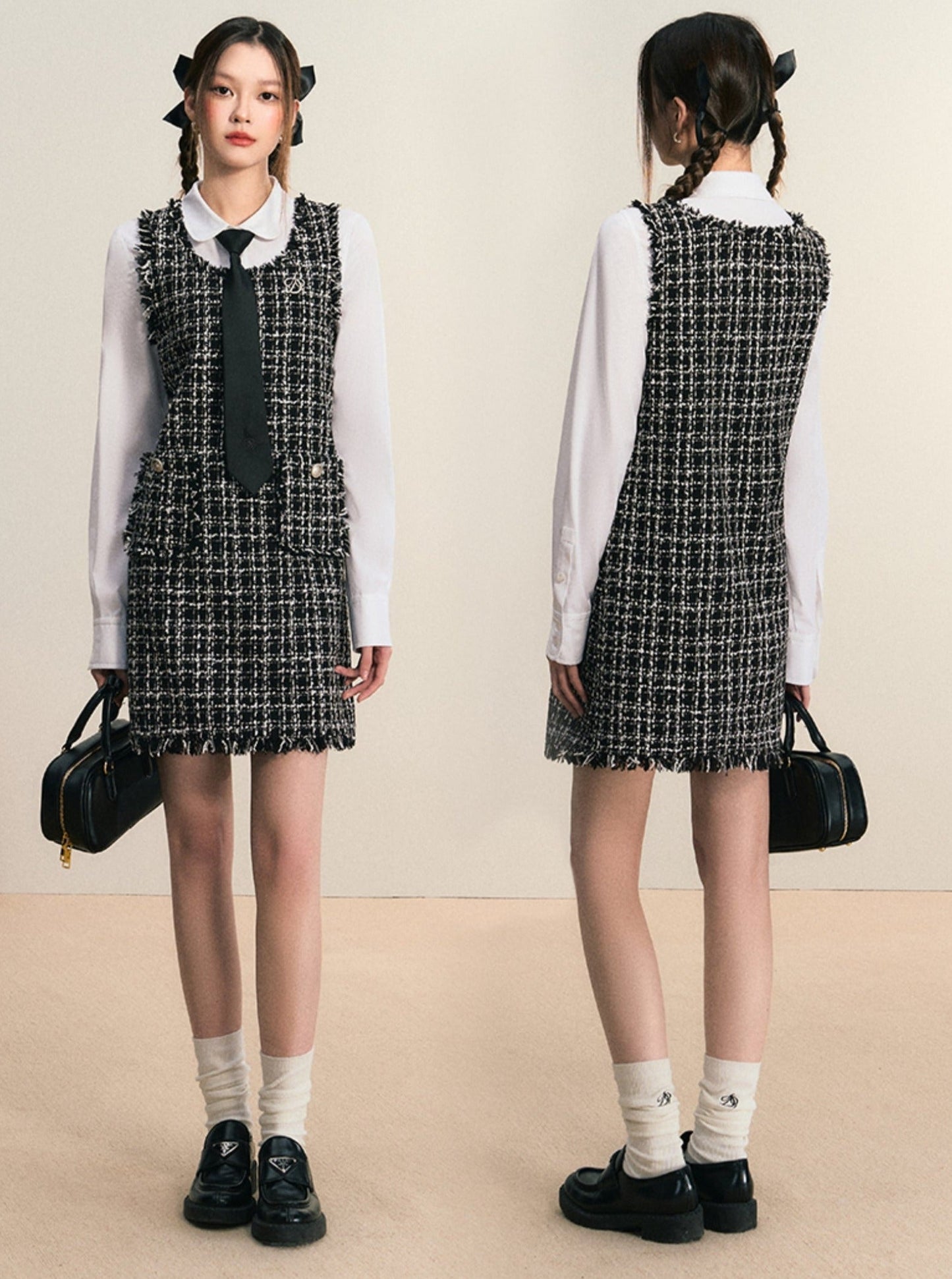 Tweed Sleeveless Mini Dress: Frayed Edge Shift Dress With Front Pockets