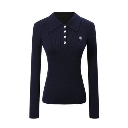 Classic Ribbed Polo Sweater - Long Sleeve Fitted Knit Top