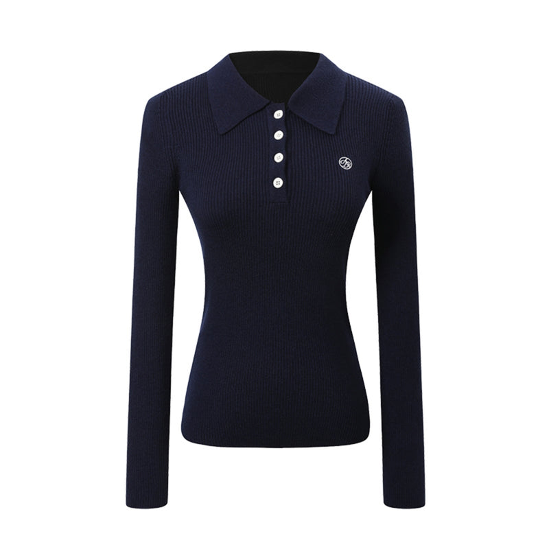 Classic Ribbed Polo Sweater - Long Sleeve Fitted Knit Top