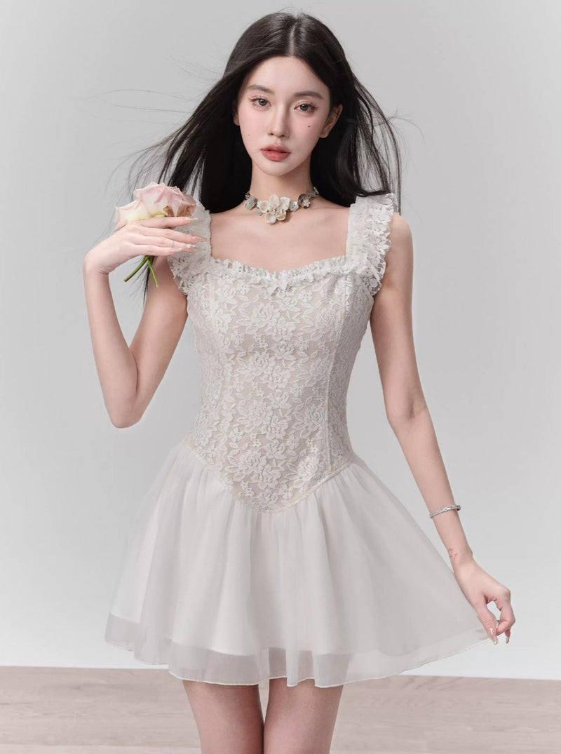 Lace Bodice Tulle Skirt Mini Dress With Ruffle Straps