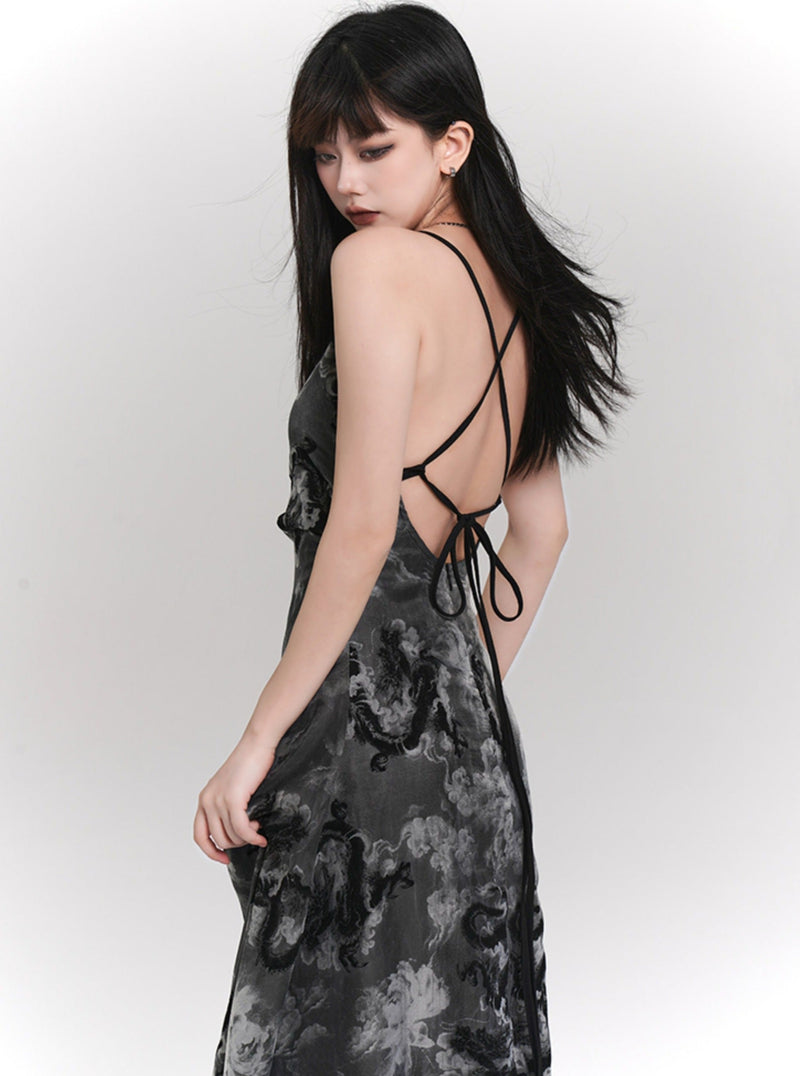 Ladyghost Chinese Style Fitted Maxi Dress - Gray Patterned Sleeveless Ankle-length