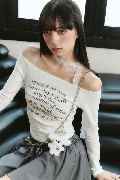 Ethereal Elegance Set: Off-shoulder Poetic Print Crop Top & Asymmetric Lace Midi Skirt