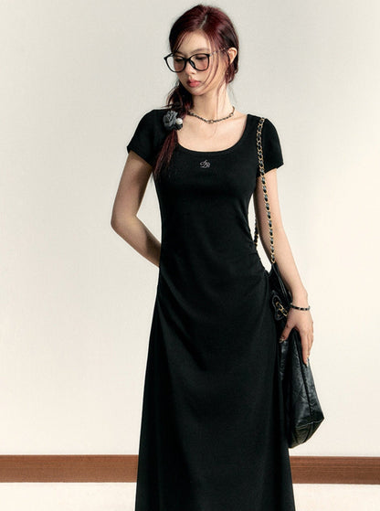 Scoop Neck Maxi T-shirt Dress - Side Ruched Jersey Knit Gown