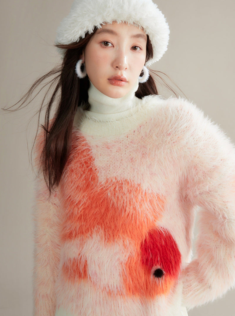 Red Koi Fish Fuzzy Sweater - Kawaii Fluffy Winter Pullover