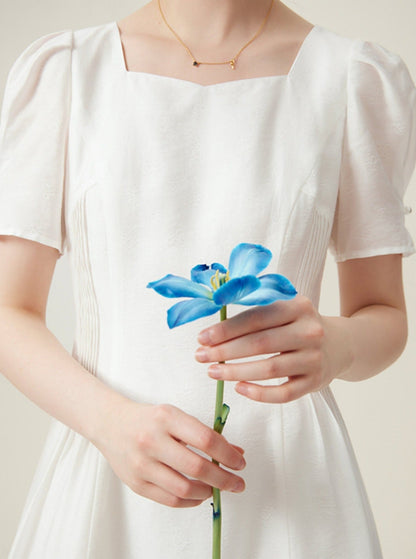 Classic White Midi Dress With Puff Sleeves