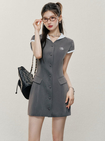 Pinstripe Button-front Mini Dress: Short Sleeve Collared Shirtdress With Embroidered Logo