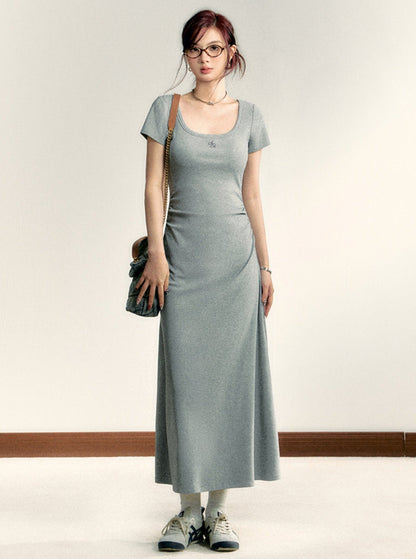 Scoop Neck Maxi T-shirt Dress - Side Ruched Jersey Knit Gown