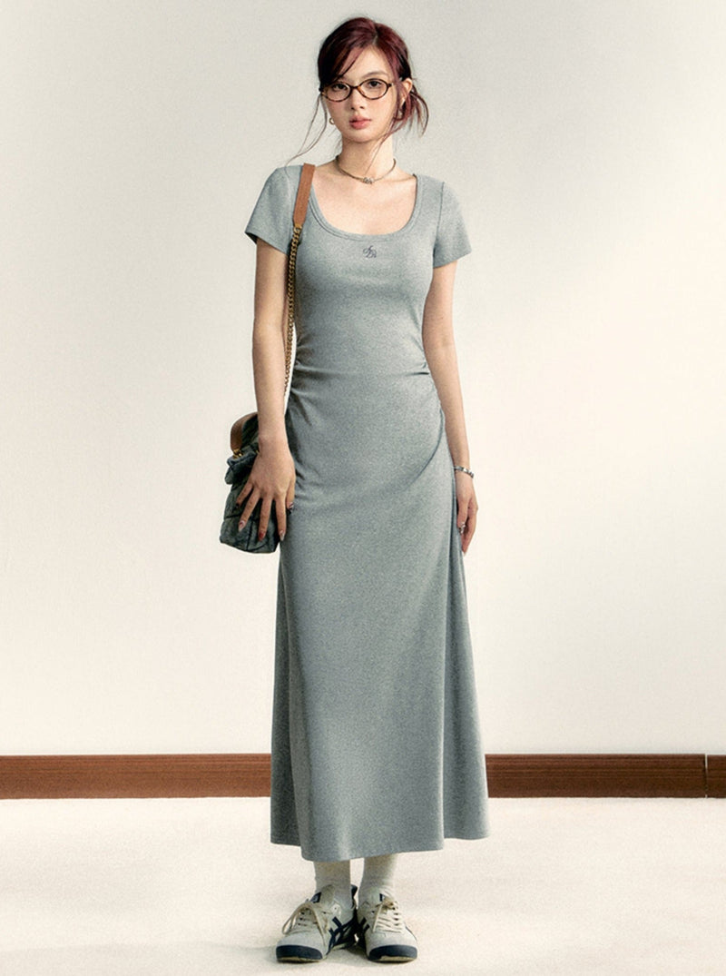 Scoop Neck Maxi T-shirt Dress - Side Ruched Jersey Knit Gown