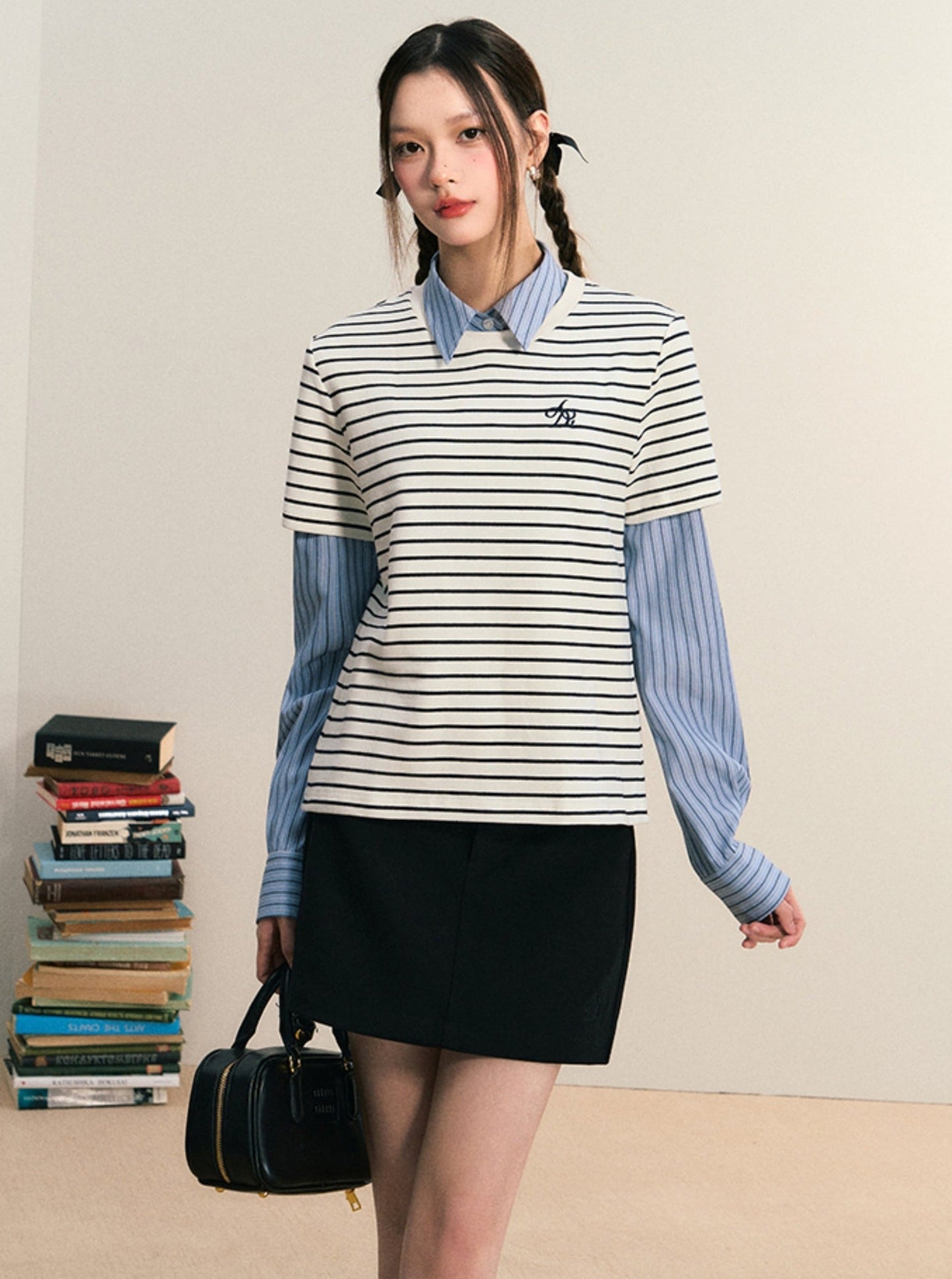 Layered Look Striped Tee Combo - Preppy Shirt-sweater Set