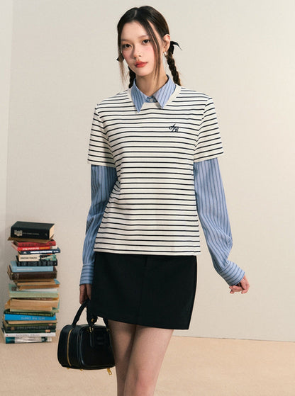 Layered Look Striped Tee Combo - Preppy Shirt-sweater Set