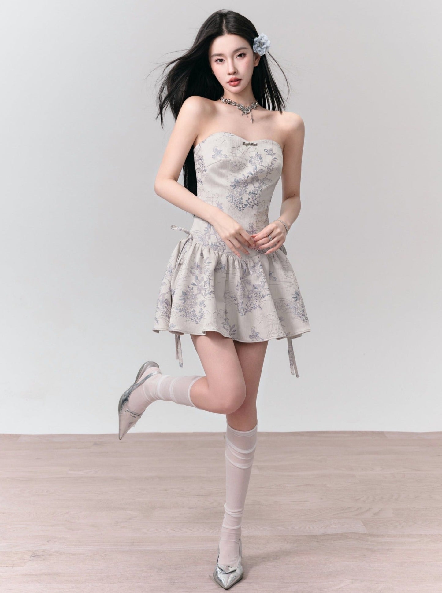 Enchanted Garden Strapless Mini Dress: Ivory Jacquard With Side Bow Details