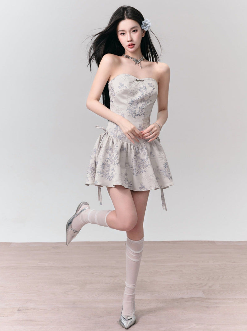 Enchanted Garden Strapless Mini Dress: Ivory Jacquard With Side Bow Details