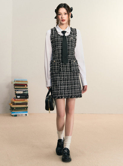 Tweed Sleeveless Mini Dress: Frayed Edge Shift Dress With Front Pockets