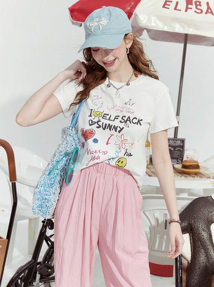 Sweet Doodle Heart Smiley Graphic T-shirt