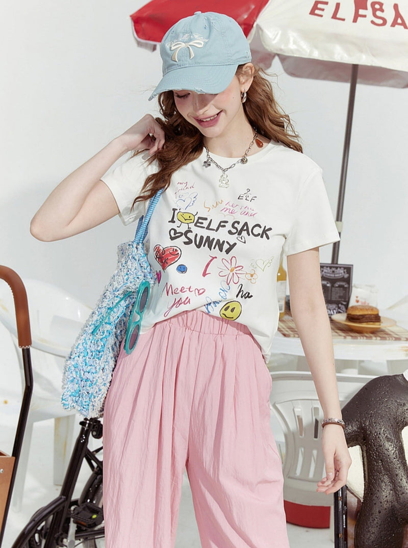 Sweet Doodle Heart Smiley Graphic T-shirt