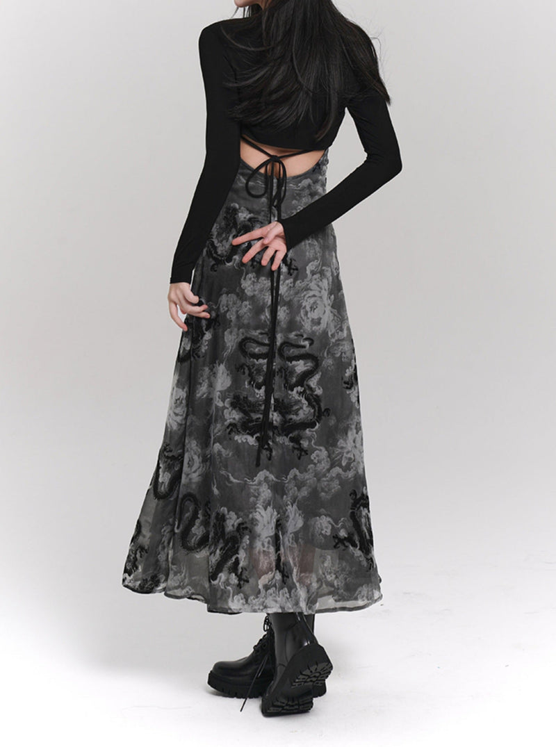 Ladyghost Chinese Style Fitted Maxi Dress - Gray Patterned Sleeveless Ankle-length
